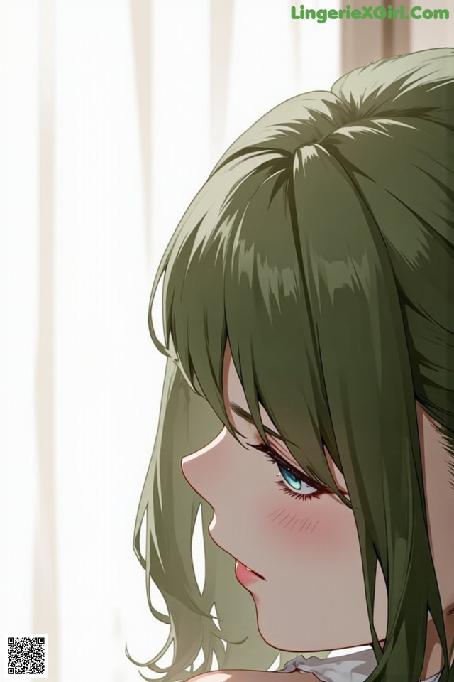 A girl with long green hair and blue eyes staring out a window.