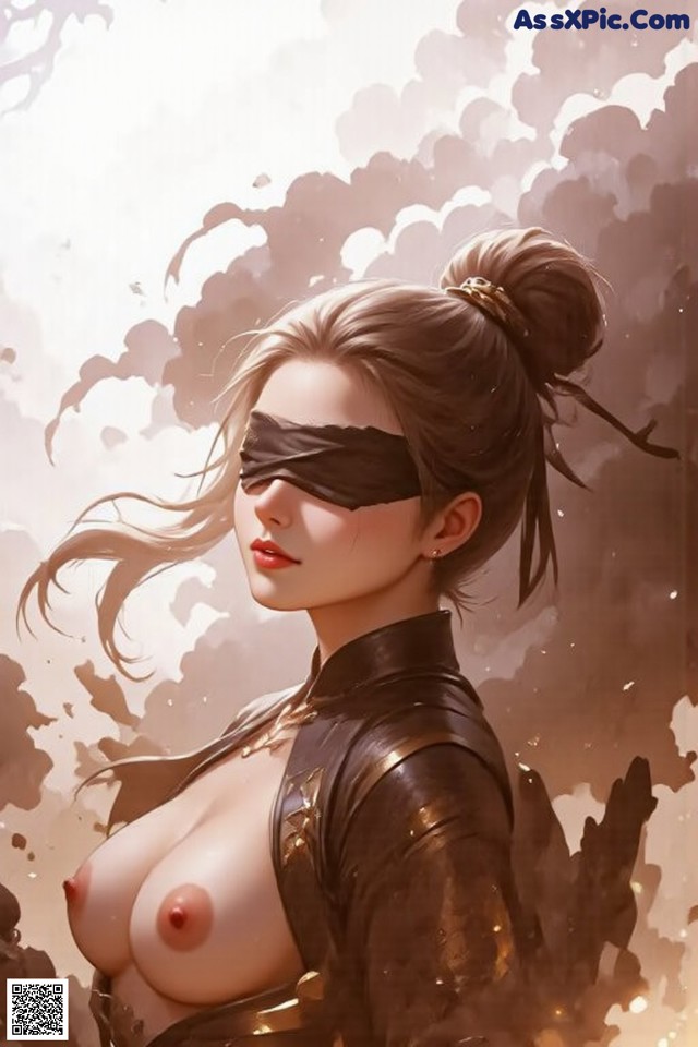 A blindfolded woman with hair tied up, wearing a leather outfit amidst a smoky background.