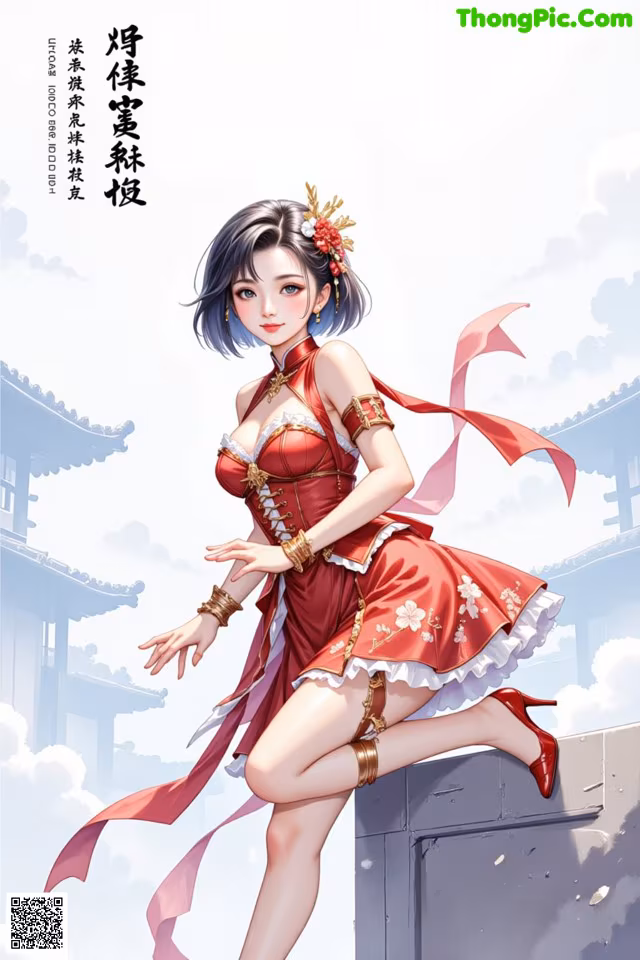 A woman in a red dress is sitting on a wall.