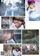 A collage of photos of a girl in a school uniform.