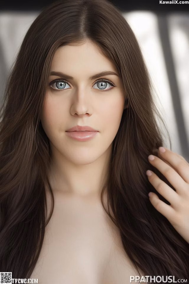 A beautiful young woman with long brown hair and blue eyes.