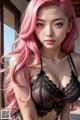 A woman with pink hair wearing a black bra and panties.